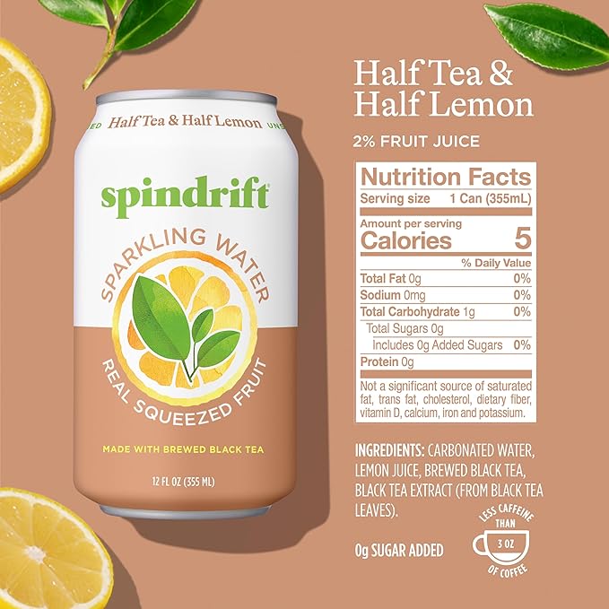 Spindrift Sparkling Water, Half Tea & Half Lemon Flavored, Made with Real Squeezed Fruit, 12 Fl Oz Cans, Pack of 24 (Only 5 Calories per Can) - Bloomnest