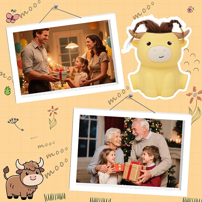 Highland Cow Night Light, Fluffy Cow Squisy Lamp for Kids, Soft Silicone Animal Nightlamp with 2 Levels Dimmable & 20 Mins Timer, Rechargeable LED Light Gifts for Baby Boys Girls - Bloomnest