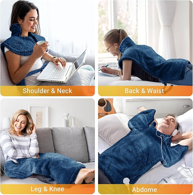 Massaging Heating Pad for Neck and Shoulders and Back, 24" x 35" Large Electric Heating Pad for Back Pain Relief with 3 Heat Levels, 4 Massage Settings, 2H Auto Shut-Off, 4 Massage Motors,Blue - Bloomnest