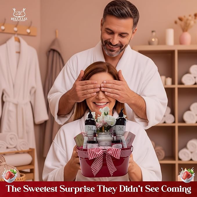 Bella Liz Strawberry Gift Set – 14 piece Spa Set with Soy Candle, Handmade Soaps, Body Wash & Lotion, Bath Bombs, Lip Balms, Sugar Scrub, Body Butter & More – Self-Care Gift