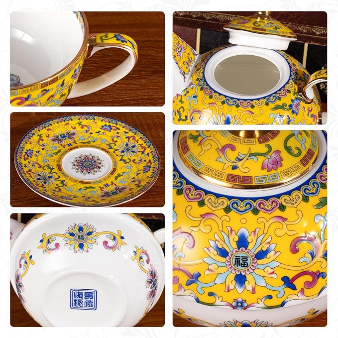 Tea for One, Porcelain Teapot and Cup Set, Vintage Tea Pot and Saucers Set, Ceramic Tea Set for Tea Party, Office and Home, Yellow Tea Cups and Saucer Set for Coffee, Cappuccino, Tea - Bloomnest