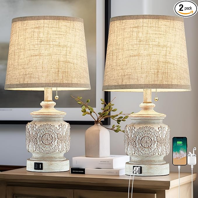 19.5" Farmhouse Vintage Table Lamps for Living Room Set of 2 Traditional Rustic Bedside Lamps for Bedrooms Nightstand with USB Ports Carved Floral Night Light Lamp for Office Decor,Pull Chain - Bloomnest
