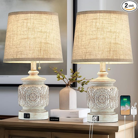 19.5" Farmhouse Vintage Table Lamps for Living Room Set of 2 Traditional Rustic Bedside Lamps for Bedrooms Nightstand with USB Ports Carved Floral Night Light Lamp for Office Decor,Pull Chain - Bloomnest