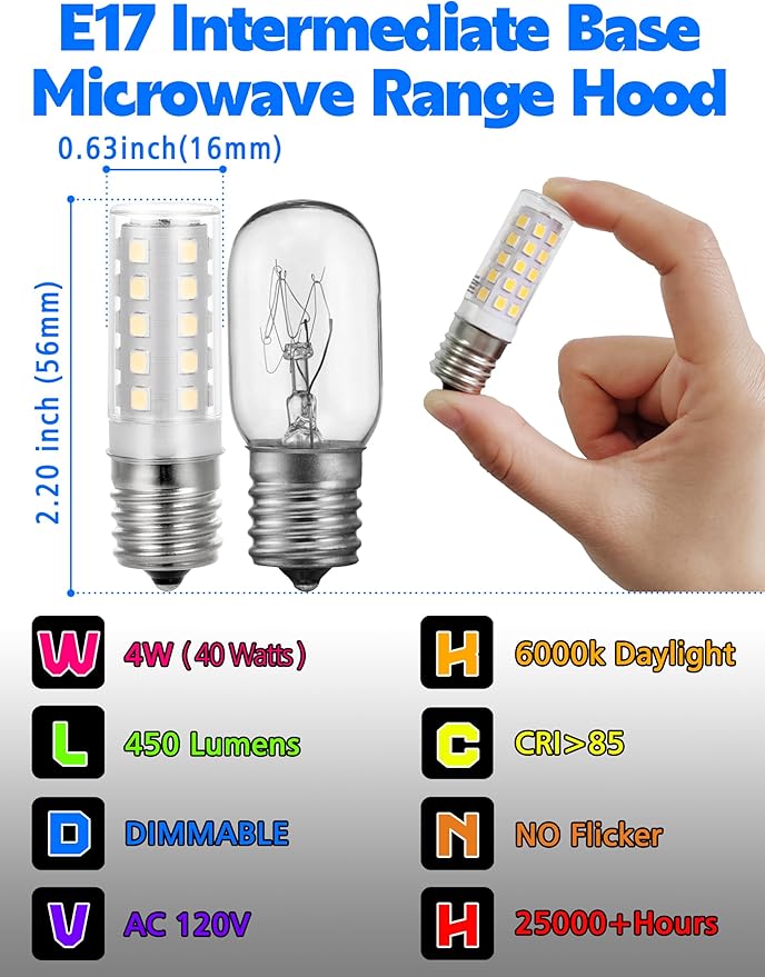 E17 LED Dimmable Under Hood Microwave Bulb 40W Equivalent, 125v 4W 450LM Microwave Oven Stove Bulb, 8206232A T7 E17 Intermediate Base 6000K for Appliance Range Hood Light 2Pack - Bloomnest