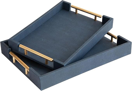 Modern Decorative Tray Set of 2, Blue Shagreen Leather Tray, Rectangle Serving Trays with Gold Polished Metal Handles, Ottoman Trays Coffee Table Perfume Kitchen Home Decor - Bloomnest