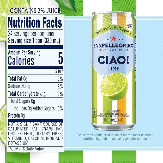 Sanpellegrino CIAO Lime Sparkling Water, Low-Calorie Italian Sparkling Water with Real Fruit Juices, 0g Added Sugar, 24-Pack - Bloomnest