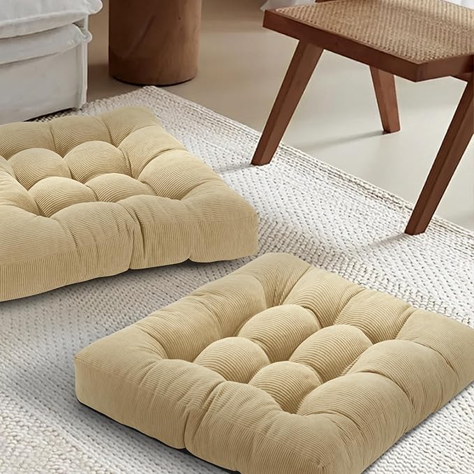 Floor Pillow Cushions for Adults Sitting Large Big Pillows for Floor Seating Square Memory Foam Thick Tufted, 22 x 22 Inch, Set of 2, Natural Linen - Bloomnest