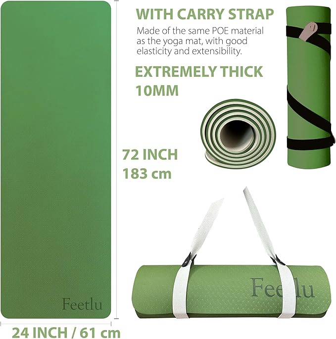 Extra Thick Exercise Yoga Mat with Strap - 2/5 Inch (10MM), Non-Slip Workout Mat for Yoga, Pilates, and Floor Exercises - Bloomnest