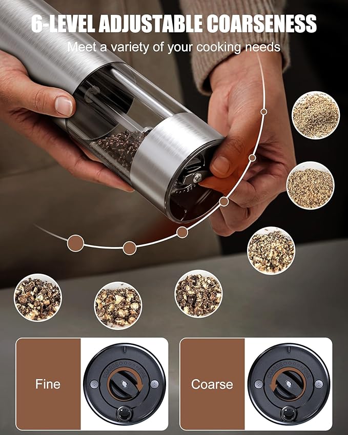 GiveBest Electric Salt and Pepper Grinder Set with Easy-to-Carry Charging Base and LED Light, Automatic Salt and Pepper Grinder Set, Adjustable Coarseness, USB Rechargeable, Washable Container - Bloomnest