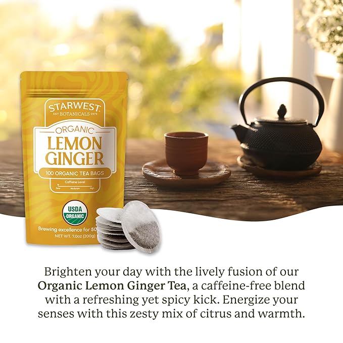 Starwest Botanicals Organic Lemon Ginger Tea - Caffeine Free Herbal Blend for Women & Men, Lemongrass, Ginger Root, & Peppermint Leaf, String Free Sachets, Non GMO - Bulk Pack, 100 Tea Bags - Bloomnest