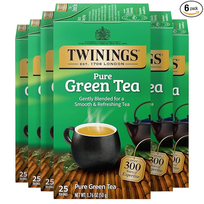 Twinings Pure Green Tea Individually Wrapped Bags, 25 Count (Pack of 6), Smooth Flavour, Enticing Aroma, Caffeinated, Enjoy Hot or Iced, 150 Teabags - Bloomnest