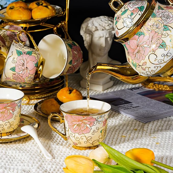 20 Pieces European Ceramic Tea Set for Adults With Metal Holder and Flower Painting (Large Cream Version) - Bloomnest
