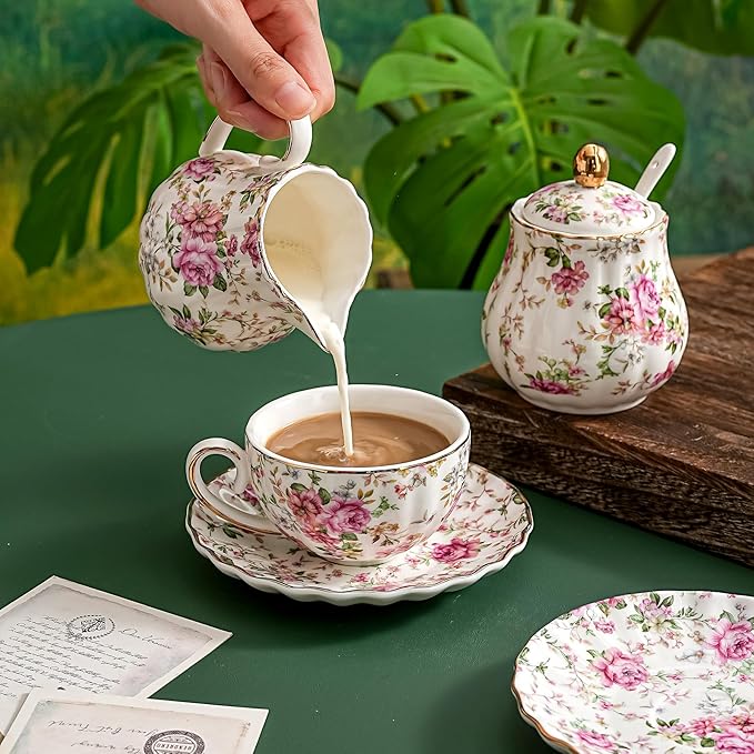 Tea Cup and Saucers, 6.4oz Floral Tea Cups with Gold Trim, Porcelain Teacup, Coffee Cappuccino Espresso Latte Mugs for Party Birthday,Party Cafe Home, Christmas Gift (White) - Bloomnest