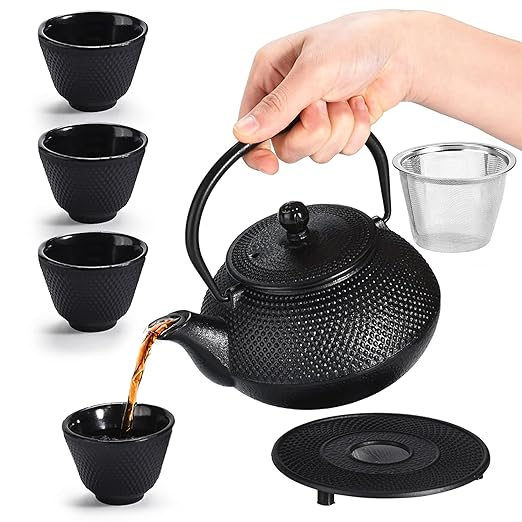 Kitchtic Japanese Coated Cast Iron Teapot Set of 4 - Kettle with Stainless Steel Infuser - Durable Heat Retention Tea Infusers - Japanese Style Kettles Teapots Tea for Home - for Green Tea, Loose Leaf - Bloomnest