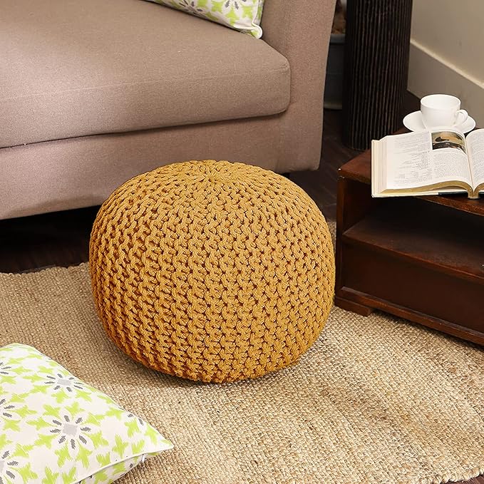 REDEARTH · Round Pouf Ottoman - Hand Knitted Cable Boho Poof Home Décor Pouffe Circular Footrest for Living Room - Bedroom - Lounge - Nursery - 100% Cotton Poufs (19.5"x19.5"x14") - Mustard - Bloomnest