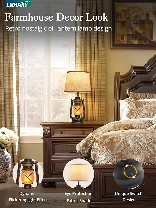 LEDIARY 18.72" Black LED Lantern Flickering Flame Table Lamps for Bedrooms Set of 2, Small Farmhouse Rustic End Table Lamps, Halloween Decorative Lantern Bedside Lamps for Living Room - Bloomnest