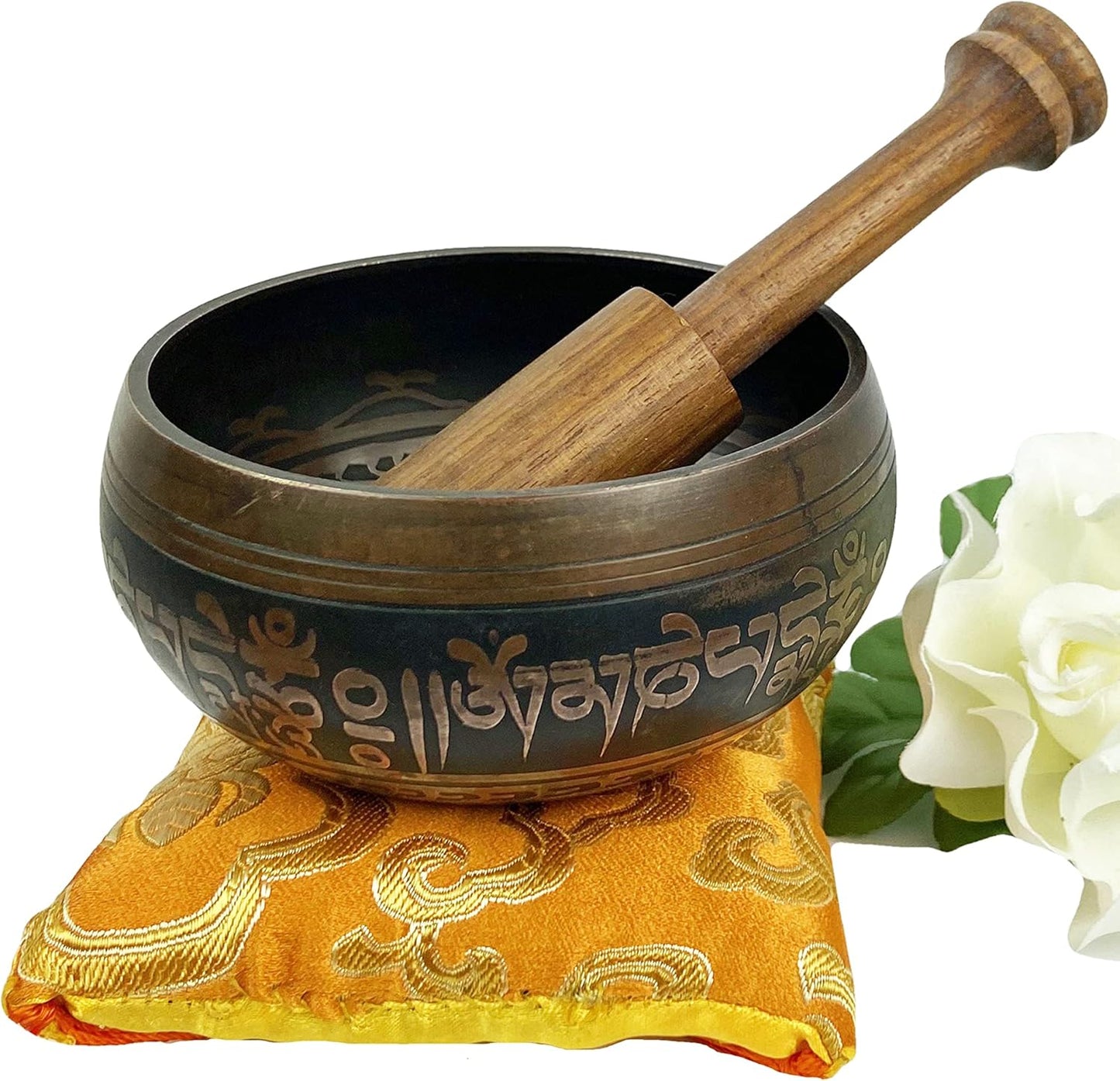 3385 SB Tibetan Auspicious Symbol Singing Bowl Set ~ Mallet Cushion Meditation Chakra Healing Prayer Yoga Mindfulness (SB-3385-F)