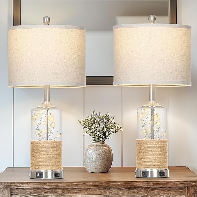 25" Coastal Glass Lamps Set of 2, Touch Control 3-Way Dimmable Night Light Modern Table Lamp with USB A+C Ports & AC Outlets Linen Fabric Shade for Living Room Bedroom Silver Ocean(LED Bulbs Included) - Bloomnest
