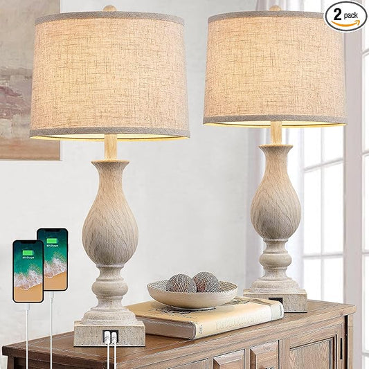 28'' Tall Farmhouse Table Lamps for Living Room, Bedroom Lamps Set of 2 with USB C+A Charging Ports, Rustic Farmhouse Nightstand Lamps for Bedside, Traditional Side Table Lamp with Fabric Shade - Bloomnest