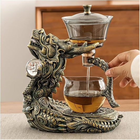 Dragon Lazy Tea Set, Semi Automatic Dragon Tea Set, Glass Magnetic Teapot Set with Infuser, Semi Automatic Tea Drip Pot Set for father's birthday, Christmas gift