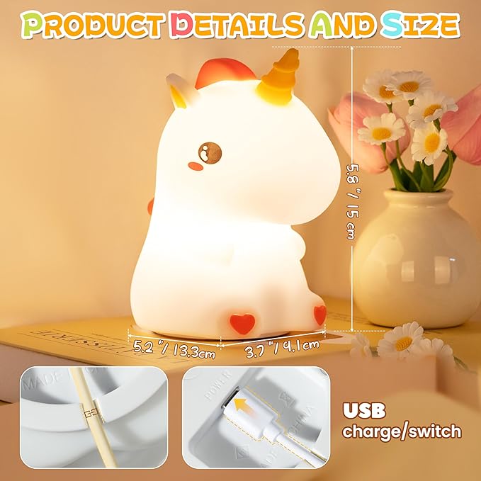 Night Light for Kids, Rechargeable Dimmable Silicone LED Nightlight with 7 Colors, Baby Nursery Night Lamp, Touch Squishy Lamp, Cute Gifts for Girls, Boys, Toddler Room Decor, Unicorn - Bloomnest