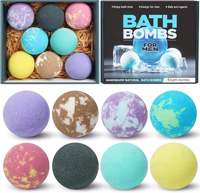 Bath Bombs for Men, 8 Pack Organic Bath Bombs Set with Natural Essential Oils, Relaxing Gifts for Men & Women, Father's Day Birthday Easter Gift for Husband Boyfriend - Bloomnest