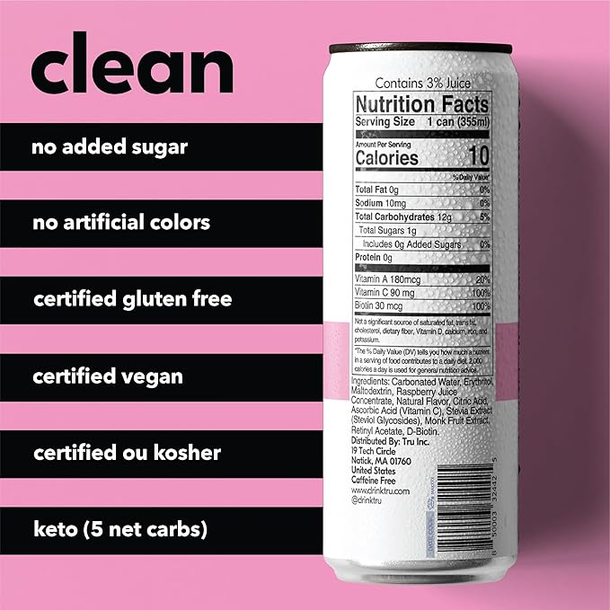 Tru Glow Seltzer, Sparkling Water with Biotin, Vitamin C, Vitamin A & Real Raspberry Juice, Sweetened with Monk Fruit & Stevia, Gluten Free, Vegan, Caffeine & Sugar Free, 12 FL OZ Cans, 12 Pack - Bloomnest