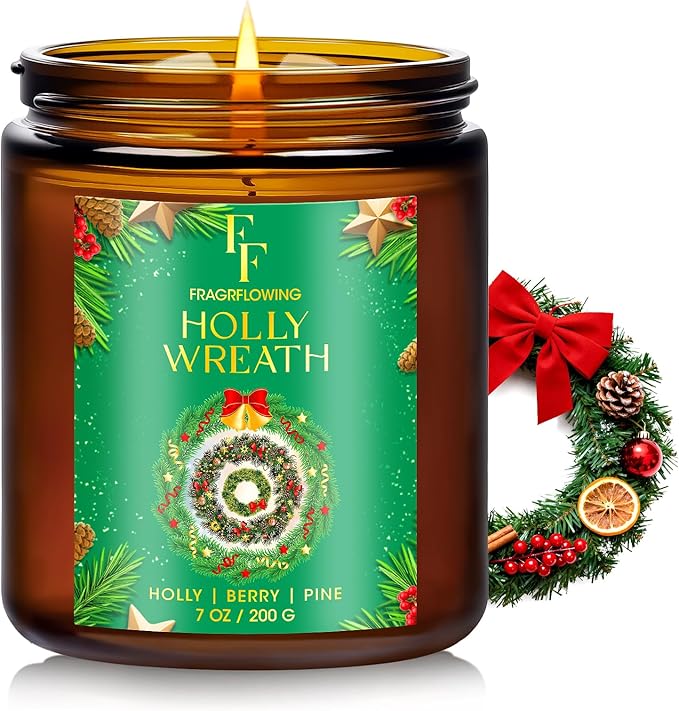 Christmas Candle, Holly Wreath Scented Candles for Home, Holiday Candles Natural Soy Candle, Aromatherapy Candle 7 oz Jar Candles Christmas Gifts for Women Men - Bloomnest