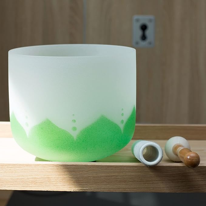 Leize Lotus Design Quartz Crystal Singing Bowl F Note 432 hz Heart Chakra White 10" with Heavy Duty Carrying Case Suede Striker