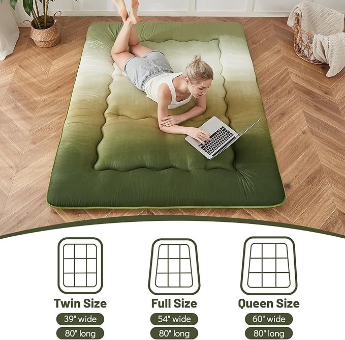 Japanese Floor Mattress, Futon Mattress with Portable Storage Bag and Washable Cover, Roll Up Thick Tatami Mat Suitable for Camping, Guest Room (Forest Gradient, Full) - Bloomnest