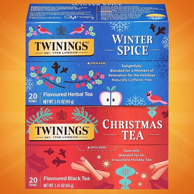 Twinings Holiday Sweet & Spicy Tea Variety 2-Pack – Caffeinated Tea and Caffeine-Free Winter Spice Herbal, Christmas Gift, 20 Tea Bags Ea - Bloomnest