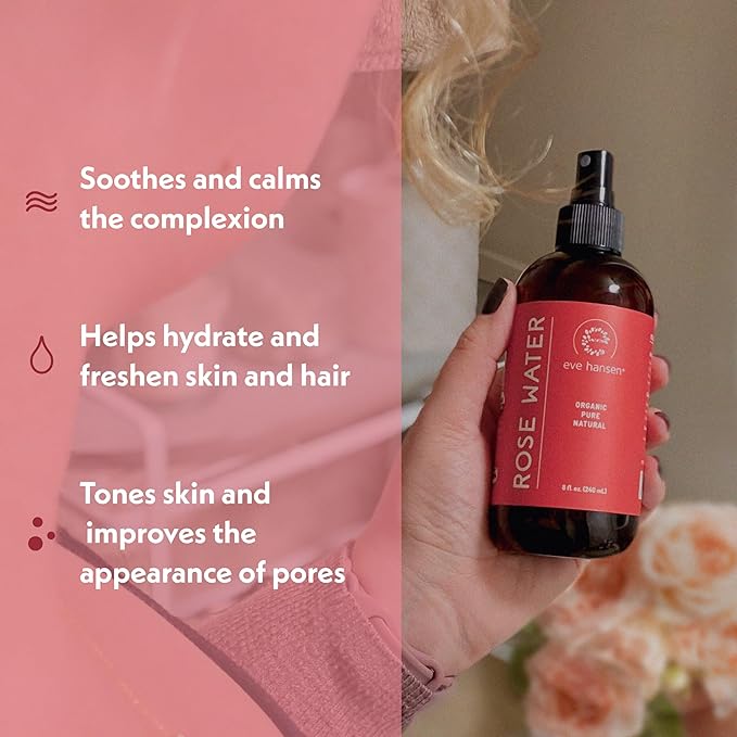 Eve Hansen Organic Rose Water Spray for Face | Huge 8 oz Moroccan Rosewater Face Toner and Makeup Setting Spray | Soothing Neck and Face Mist to Reduce Eye Puffiness, Dark Circles and Redness - Bloomnest