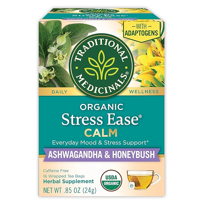 Traditional Medicinals Organic, Stress Ease Calm with Adaptogens, Ashwagandha & Honeybush - Promotes Relaxation - Kosher, Non-GMO, Caffeine-Free, Compostable - 16 Tea Bags - Bloomnest