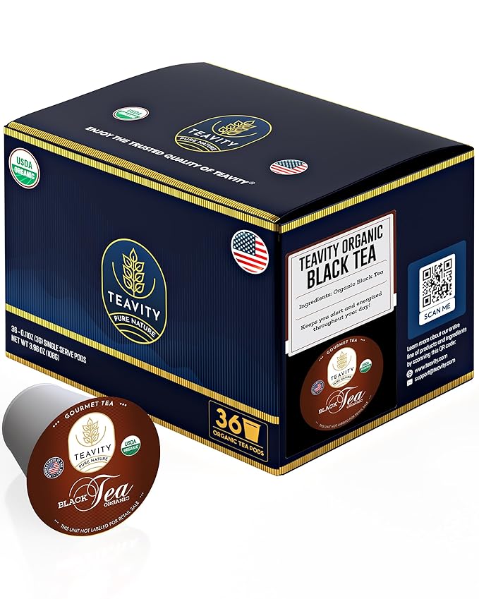 Teavity Organic Black Tea Pods for Keurig - Premium Unsweetened, Naturally Caffeinated Tea for KCup - Hot or Iced (36 Pods) - Bloomnest