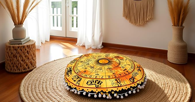 CRAFT KALA Boho Large Floor Pillow Pouf Cover Mandala Meditation Room Pillow Cover for Adults Round Bohemian Seating Pouf Cushion Cover for Kids Playroom 22" Yellow Zodiac - Bloomnest