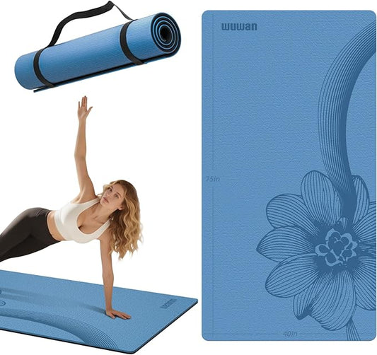 Large Yoga Mat 75"x 40"x10mm (2/5 inch) – Extra Thick & Wide, TPE Fitness Mat, Printed Non-Slip Exercise Mat with Carrying Strap for Men & Women, Pilates, Stretching, Fitness & Workout - Bloomnest
