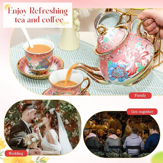 20 Pcs Porcelain Tea Set for Adults with Metal Holder and Spoon European Ceramic Tea Party Set Flower Painting Teapot Cup Saucer for Christmas Women Gifts, Serving 6 People(Fresh) - Bloomnest