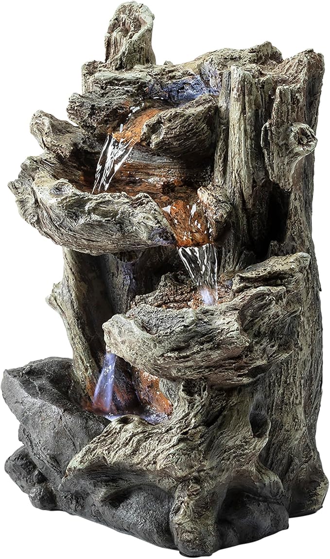Alpine Corporation | 14"H Indoor Tiered Log Tabletop Fountain with LED Lights — Cascading Waterfall Design Creates Relaxing Ambiance for Home & Office Décor - Bloomnest
