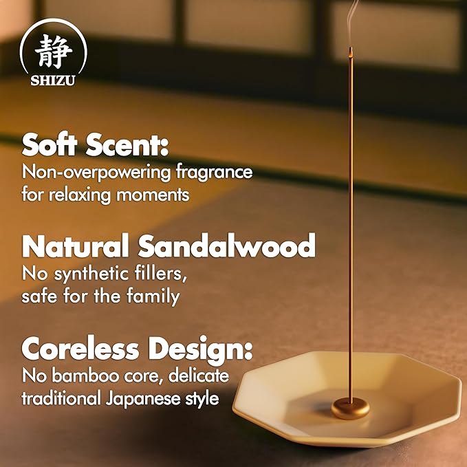 Shizu Sandalwood Incense Sticks – Temple Grade Japanese Incense with Brass Holder – Calming Scent for Relaxation, Meditation & Home Spa, Elegant Gift Set (60 Sticks) - Bloomnest
