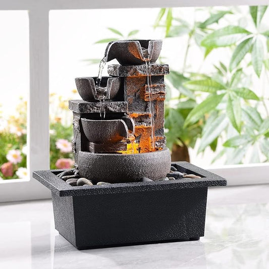 Kalona Décor Desktop Fountain - 10" 4-Tier Design with Imitation Stone, Indoor Waterfall Tabletop River Rocks & Resin Material for Serene Meditation & Relaxation - Ideal for Home & Office Decor - Bloomnest