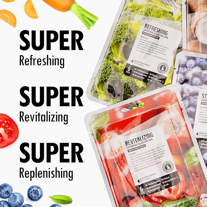 FARMSKIN Superfood Salad Sheet Mask Set of 6 | Korean Face Mask Sheets w/Mangosteen, Broccoli, Carrot, Coconut, Blueberry & Tomato | Refreshing, Nourishing & Cruelty-Free Face Mask Skincare Set - Bloomnest