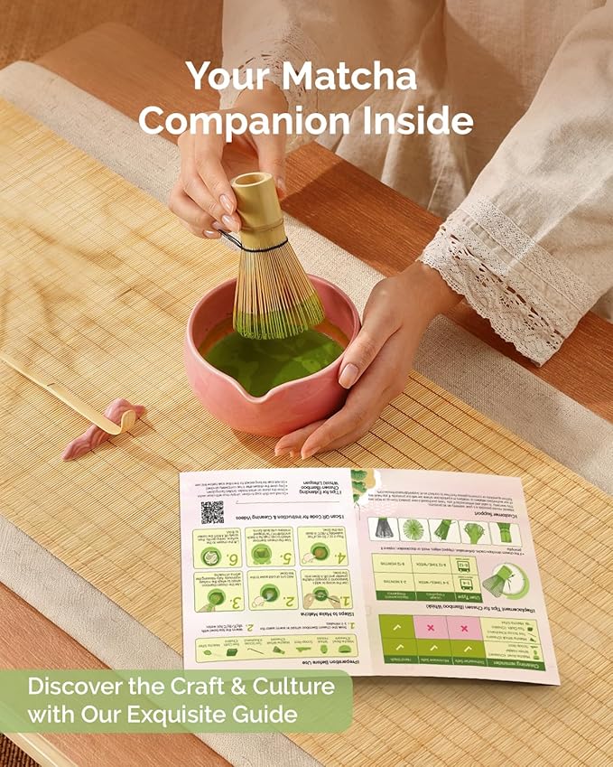 Maestri House Pink Matcha Whisk Set, 7-Pc Complete Matcha Kit with Spouted Ceramic Bowl, Bamboo Whisk and Holder, Scoop, Spoon Rest & Sifter, Tea Cloth – Ideal Gift for Matcha Lovers (Pink) - Bloomnest