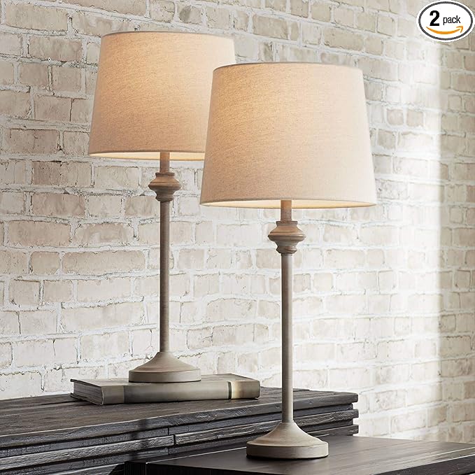 360 Lighting Lynn Country Cottage Rustic Buffet Table Lamps 26 3/4" Tall Skinny Set of 2 Light Beige Wood Oatmeal Fabric Tapered Drum Shade for Living Room House Home Dining Office Entryway Family - Bloomnest