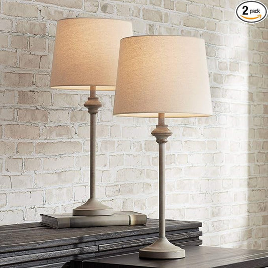 360 Lighting Lynn Country Cottage Rustic Buffet Table Lamps 26 3/4" Tall Skinny Set of 2 Light Beige Wood Oatmeal Fabric Tapered Drum Shade for Living Room House Home Dining Office Entryway Family - Bloomnest