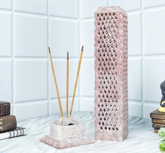 Crocon Handmade Incense Tower Candle Stick Holder Soapstone Leaf Design Tea Light Tower Burner | Candles Stand |Office Decor Room Fragrance Decorative Kitchen Home Spa Great Gift Set - 11X3X3 Inch