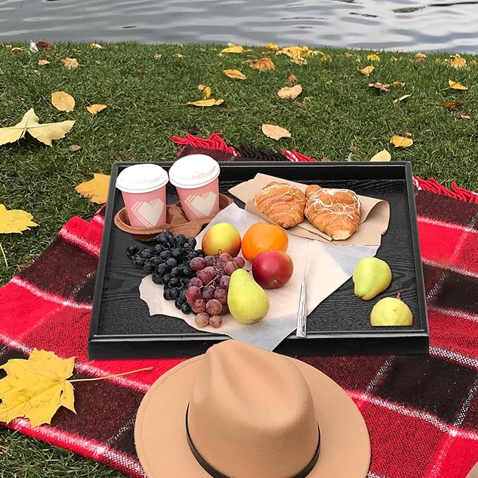 24 x 20 Inches Extra Large Solid Wood Serving Tray for Tea Coffee Table Snack Food Meals Serving Plate Kitchen Party Bar Breakfast Server with Raised Edges Black Wooden Decorative Ottoman Tray - Bloomnest