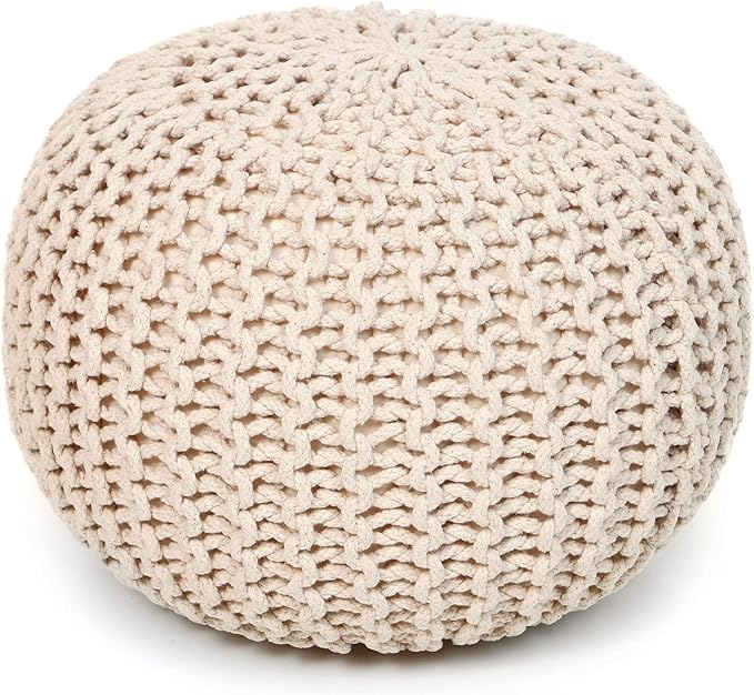 REDEARTH Round Pouf Ottoman –18"x18"x14" Hand-Knitted Cotton Pouffe –Cable Footstool –Boho Dori Hassock –Pre-Stuffed Poof – Extra Seat -Poofy Footrest for Living Room, Bedroom, Nursery, Nook –Ivory - Bloomnest