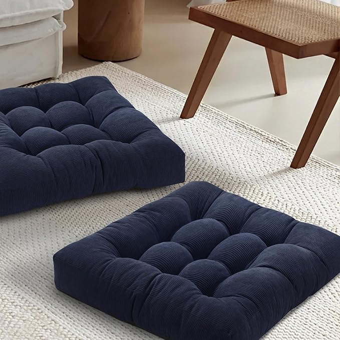 Floor Pillow Cushions for Adults Sitting Large Big Pillows for Floor Seating Square Memory Foam Thick Tufted, 22 x 22 Inch, Set of 2, Navy Blue - Bloomnest