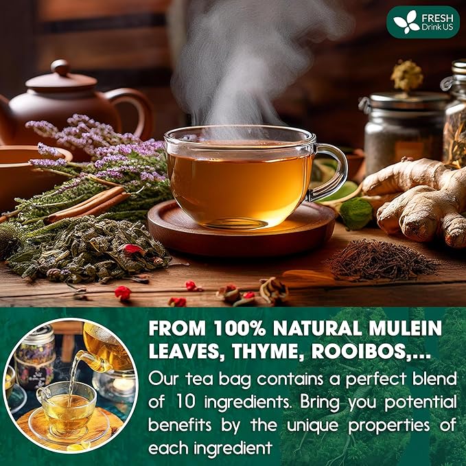 FreshDrinkUS StrongerLungs 20 Tea Bags - Mullein Leaf, Ginseng, Elderberry, Ginger & Thyme - Supports Lung Cleanse, Congestion Relief & Mucus Detox - Caffeine-Free & All-Natural - Bloomnest