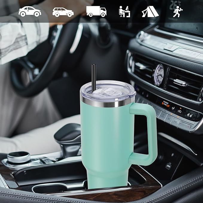 DOMICARE 40 oz Tumbler with Handle and Straw, Stainless Steel Tumbler with Lid and Straw, Reusable Vacuum Insulated Cup, Travel Coffee Mug, Mint Green, 4Pack - Bloomnest
